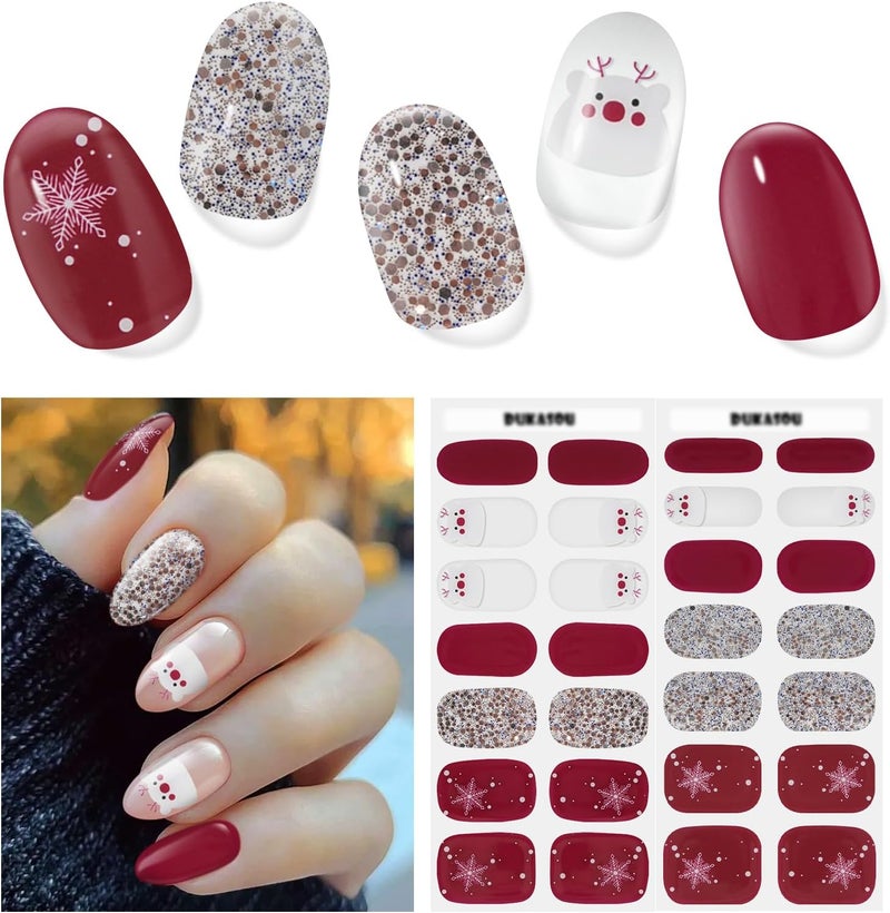 Semi Cured Gel Strips 28 Pieces Christmas Santa Nail Stickers Full Wraps Red Gel Stickers for Nails Works with Any UV Lamp