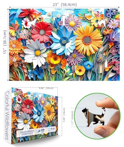 MINIWAN 3D Paper Quilling Colorful Wild Flowers 500 Piece Jigsaw Puzzle for Adults Vibrant Floral Paper Art Puzzle with Irregular Animal Shaped Pieces Gift for Flower Art Lovers 23x15 Inch - Image 5
