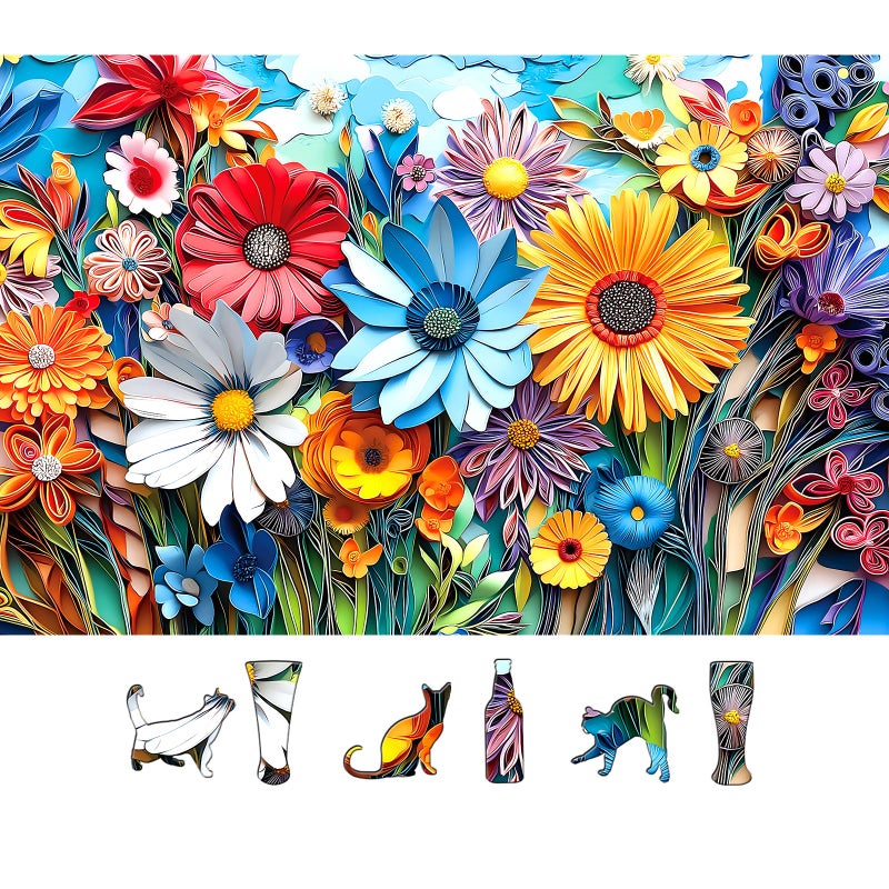 MINIWAN 3D Paper Quilling Colorful Wild Flowers 500 Piece Jigsaw Puzzle for Adults Vibrant Floral Paper Art Puzzle with Irregular Animal Shaped Pieces Gift for Flower Art Lovers 23x15 Inch - Image 3