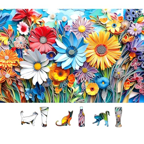 MINIWAN 3D Paper Quilling Colorful Wild Flowers 500 Piece Jigsaw Puzzle for Adults Vibrant Floral Paper Art Puzzle with Irregular Animal Shaped Pieces Gift for Flower Art Lovers 23x15 Inch - Image 1