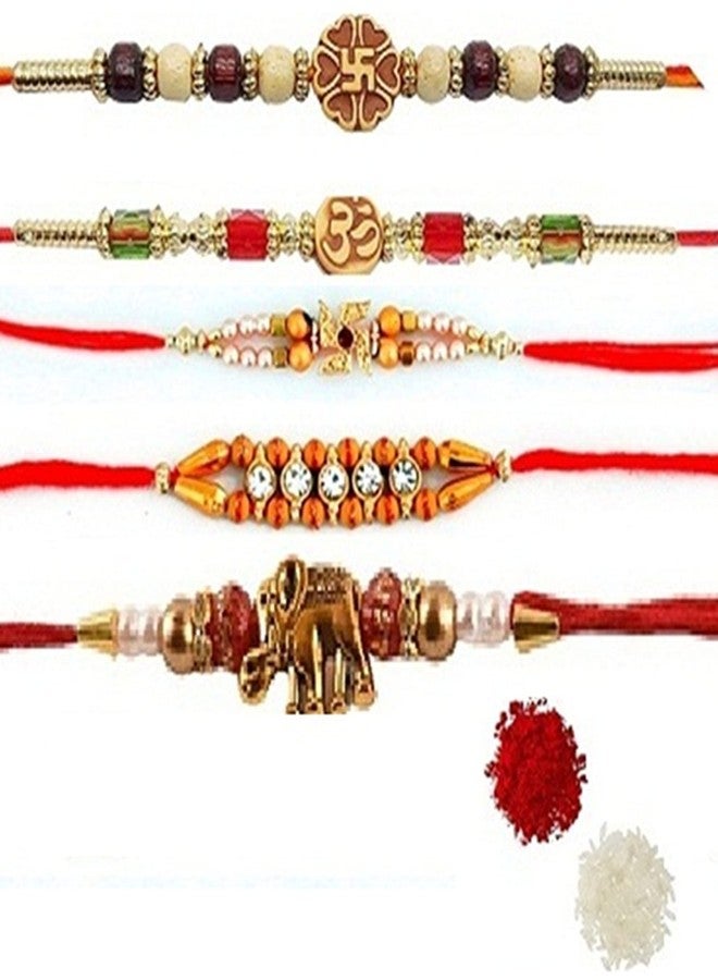 VR Creatives Om,Swastika Rakhi and Swastika,Elephant,Diamond Line Five 5 Rakhi Combo Set for Brother - Image 1