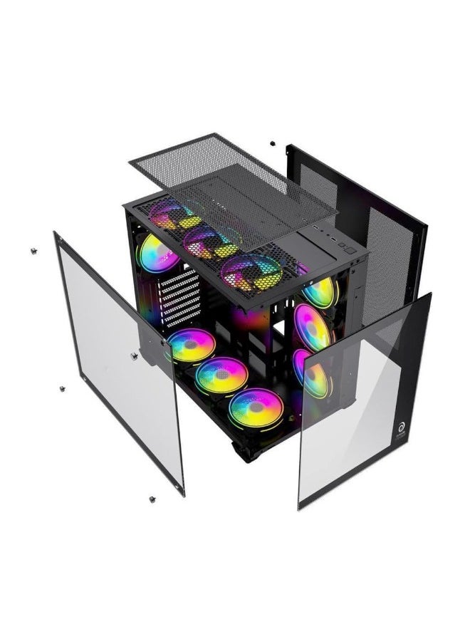 Game Sekret - Dark Chiller ATX Computer Gaming PC Case - 180 degrees Full View Tempered Glass | 7 RGB Fans with Color Controller | 360mm Radiator Support | Mid Tower Computer Case | USB 3.0 Input/Output Port | 2 Magnet Dust Filter - Image 1