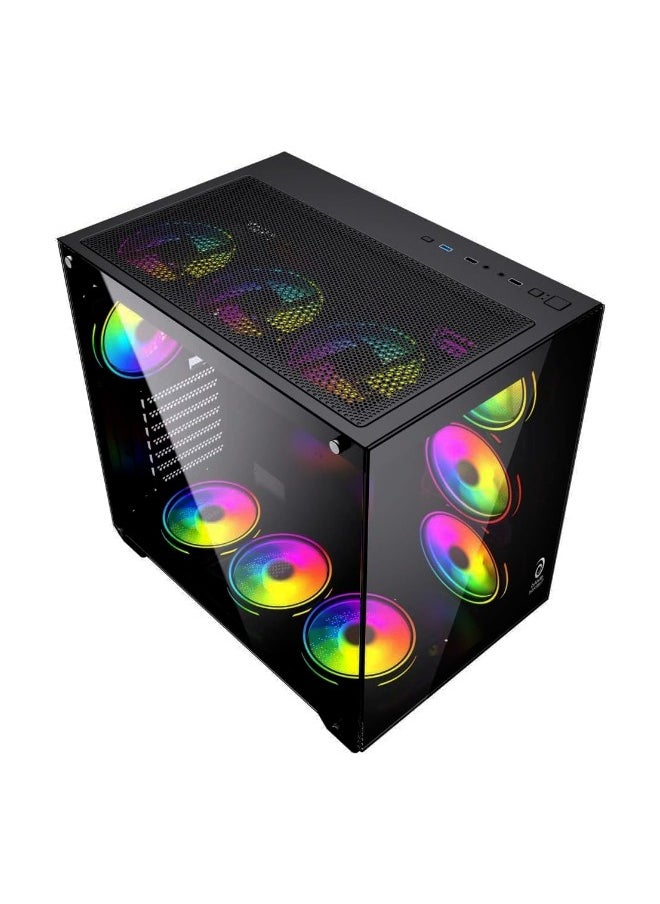 Game Sekret - Dark Chiller ATX Computer Gaming PC Case - 180 degrees Full View Tempered Glass | 7 RGB Fans with Color Controller | 360mm Radiator Support | Mid Tower Computer Case | USB 3.0 Input/Output Port | 2 Magnet Dust Filter - Image 1