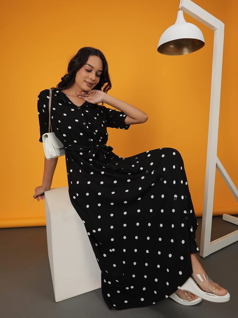 Freehand Women's 100% Viscose Polka Dot A-Line Short Sleeves Dress - Image 5