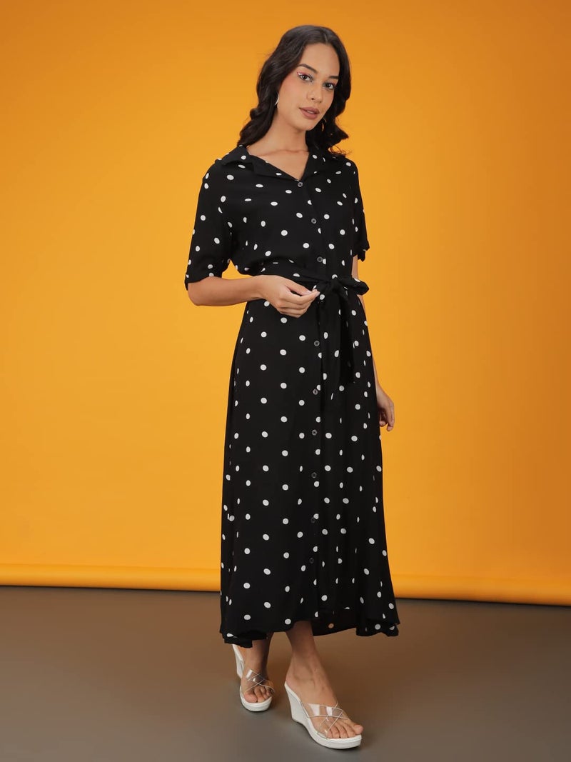 Freehand Women's 100% Viscose Polka Dot A-Line Short Sleeves Dress - Image 3