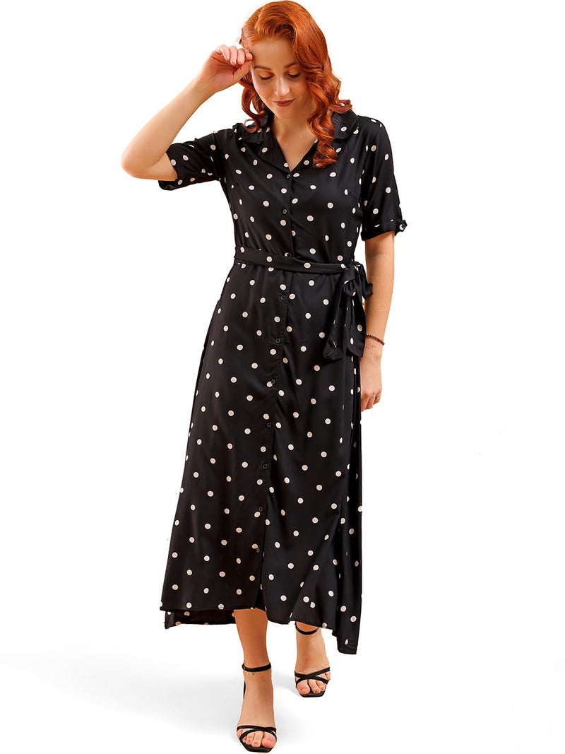 Freehand Women's 100% Viscose Polka Dot A-Line Short Sleeves Dress - Image 1