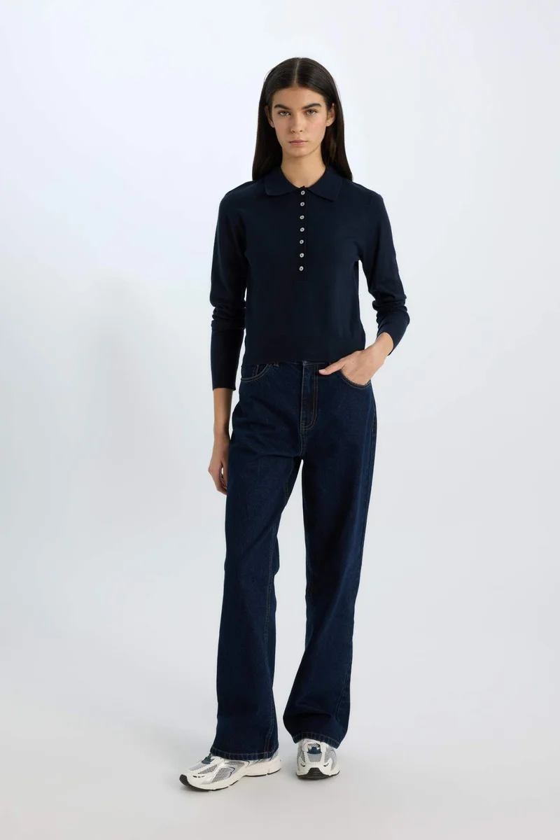 ديفاكتو Regular Fit Polo Neck Basic Knitwear Pullover