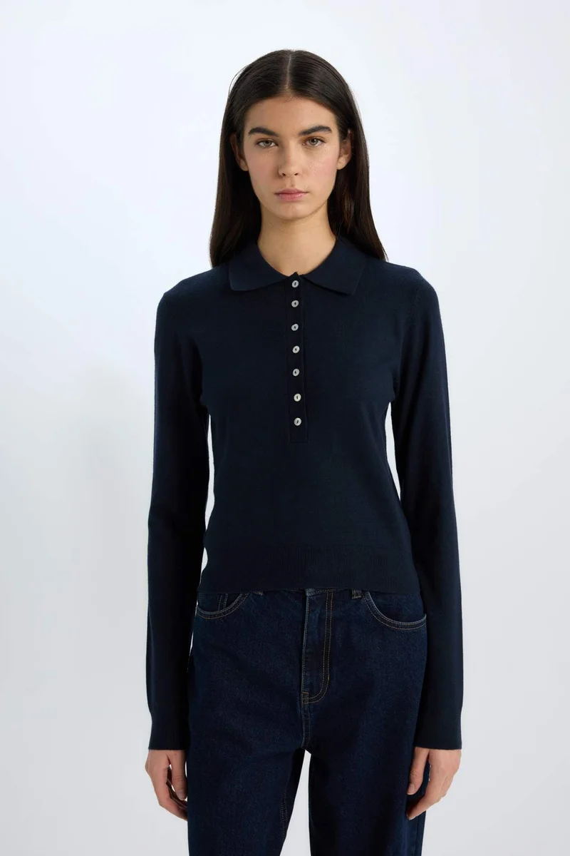ديفاكتو Regular Fit Polo Neck Basic Knitwear Pullover