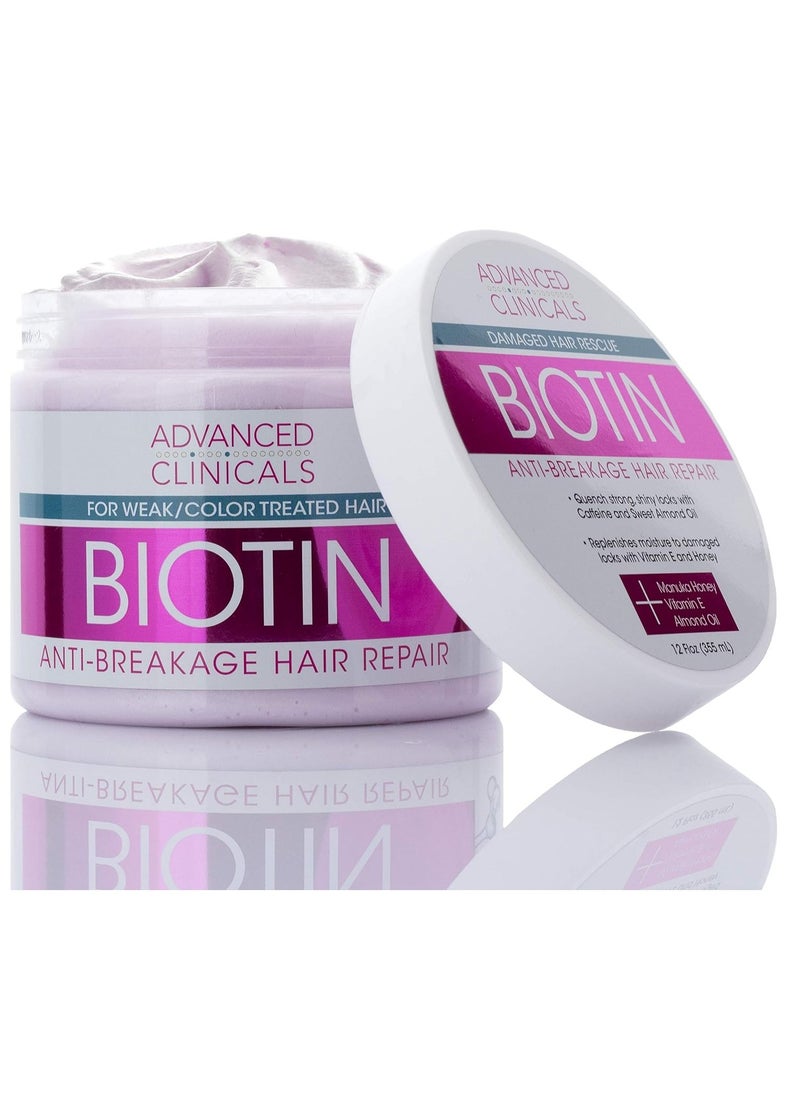 Advanced Clinicals Advanced Clinicals Biotin Hair Treatment Anti-Breakage Repair Hair Mask. Strengthen Broken, Color-Treated Hair W/Repairing Deep Conditioner Manuka Honey & Caffeine, Hydrating Mask Restores Weak Hair  - Image 1