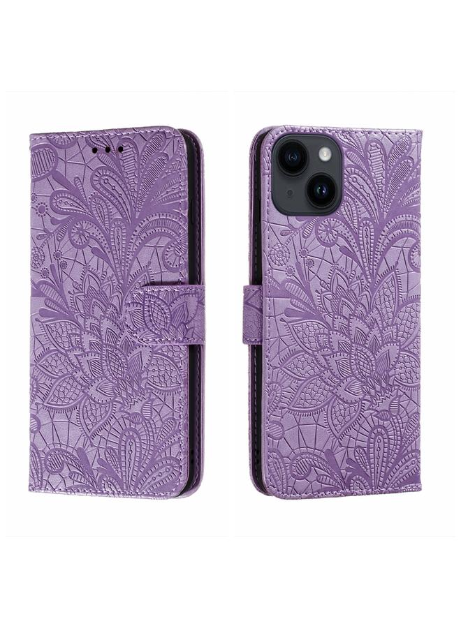 The Bros Case For iPhone 14 / 13 Lace Flower Embossing Flip Leather Phone Case