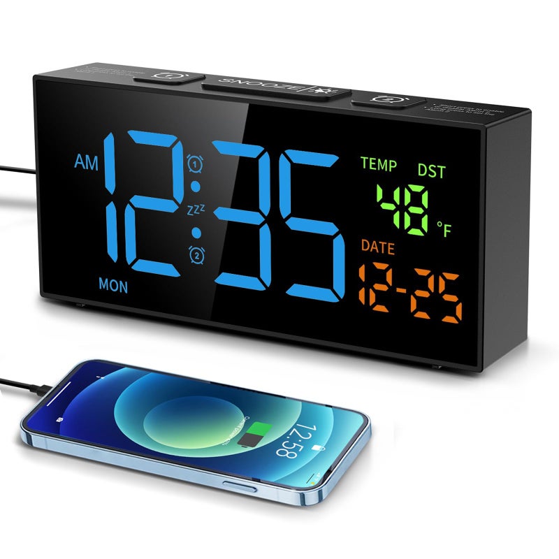 Netzu Alarm Clocks for Bedrooms Digital Clock with Date Temperature and Weekday Manual DST Snooze 2 Alarms 4 Volumes for Living Room Home Bedside Desk Black and Blue