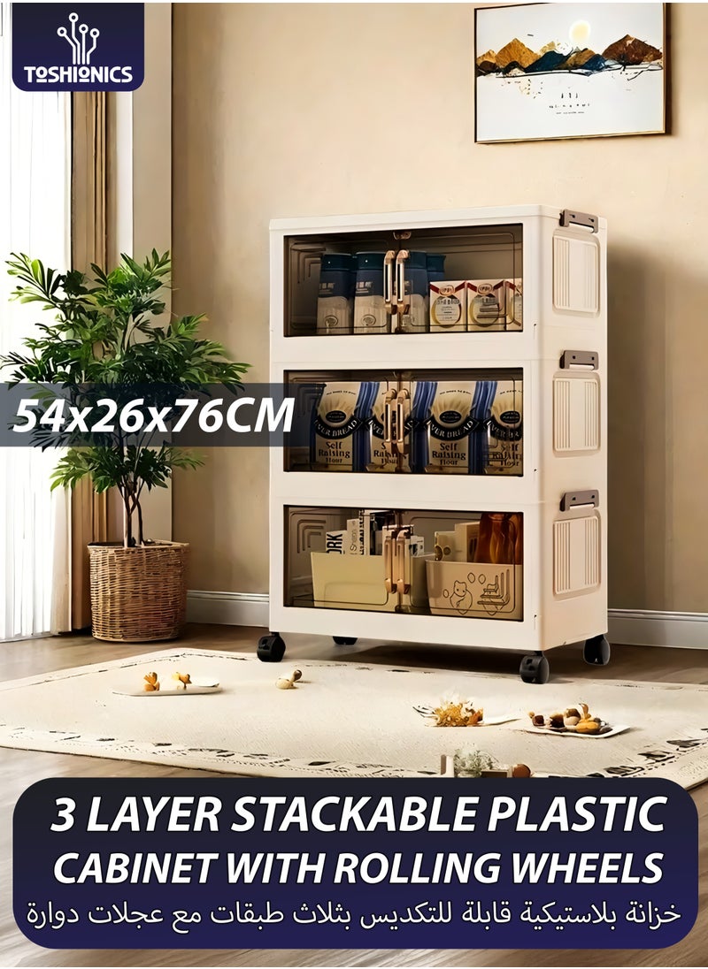 Toshionics 3 Tier Plastic Storage Cabinet – 54x76x26cm - Multi-Layer Foldable Portable Storage Bins with Rolling Wheels, Collapsible, Stackable Clothes Organizer with Magnetic Double-doors Acrylic Transparent Plastic Closet Quilt Organizer with Secure Lids and Lockable Casters Home Storage Box for Clothes, Kitchen, Pantries, Utensils, Cupboard for Toys, Snacks - Home Decor Organizer, Office Supplies, Bedroom, Bathroom Toiletries and Amenities Versatile Spacious Storage Rack  - Image 1