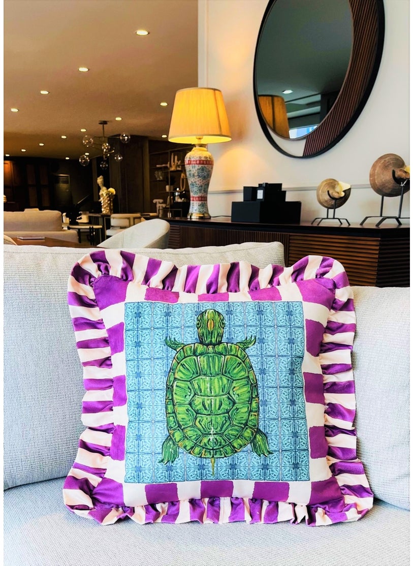 Ge Living Caretta Caretta Patterned Purple Velvet Cushion Cover - Hope Series Special Design Ruffle  - Image 1