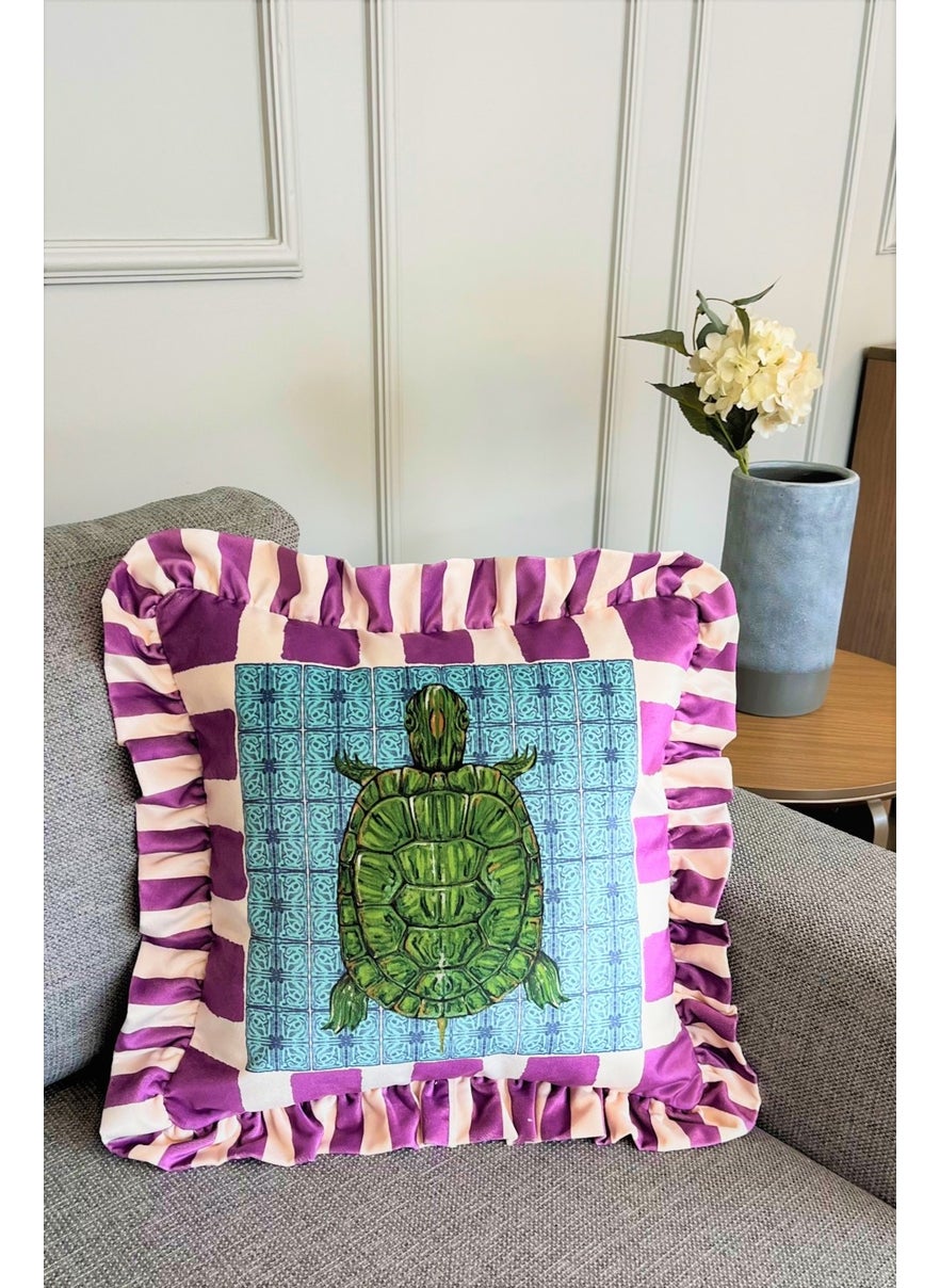 Ge Living Caretta Caretta Patterned Purple Velvet Cushion Cover - Hope Series Special Design Ruffle  - Image 4