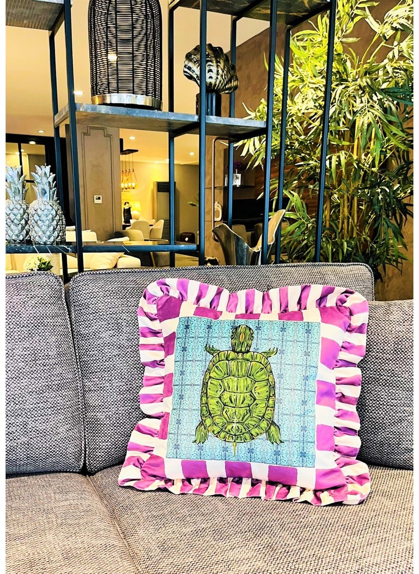 Ge Living Caretta Caretta Patterned Purple Velvet Cushion Cover - Hope Series Special Design Ruffle  - Image 2