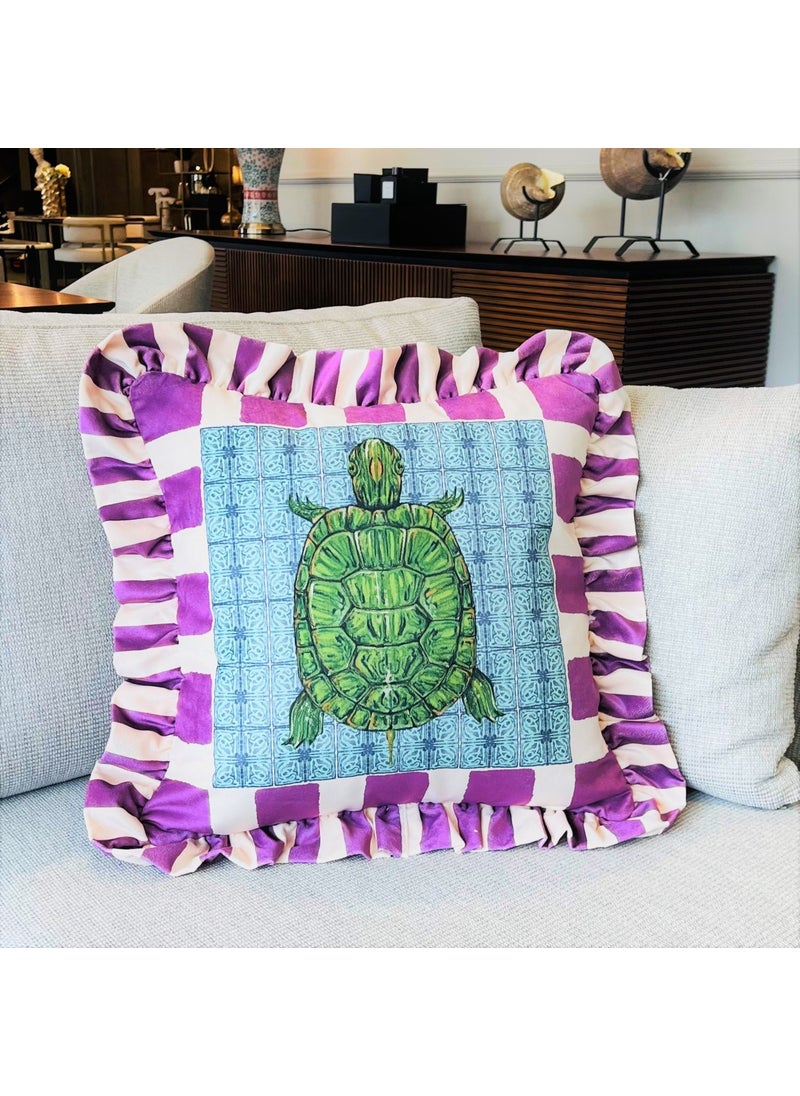 Ge Living Caretta Caretta Patterned Purple Velvet Cushion Cover - Hope Series Special Design Ruffle  - Image 3