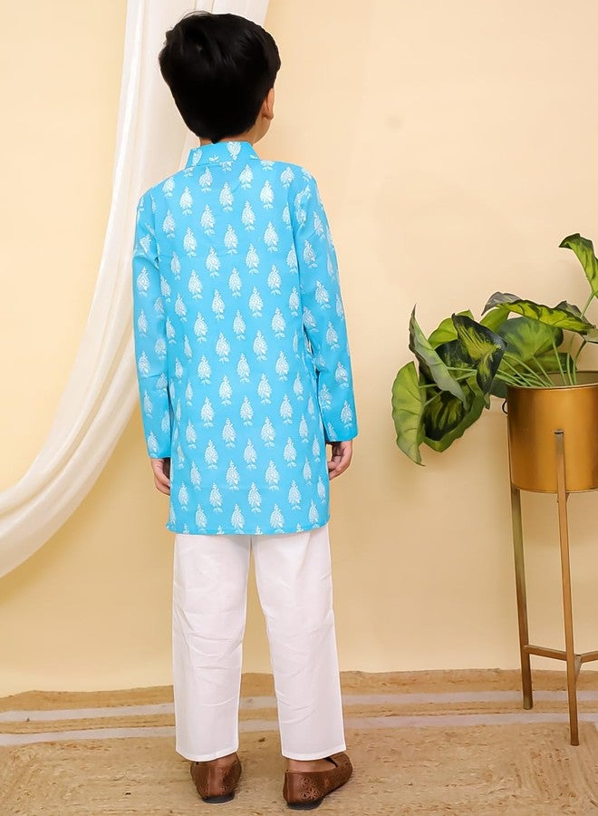 AJ DEZINES Kids Cotton Full Sleeve Floral Printed Blue Kurta Pajama Set for Boys - Ethnic wear | Special Occasion & Party Outfit |Kurta Set for Boys - Regular Fit (Twister-1271-BLUE-18-24M-1) - Image 3