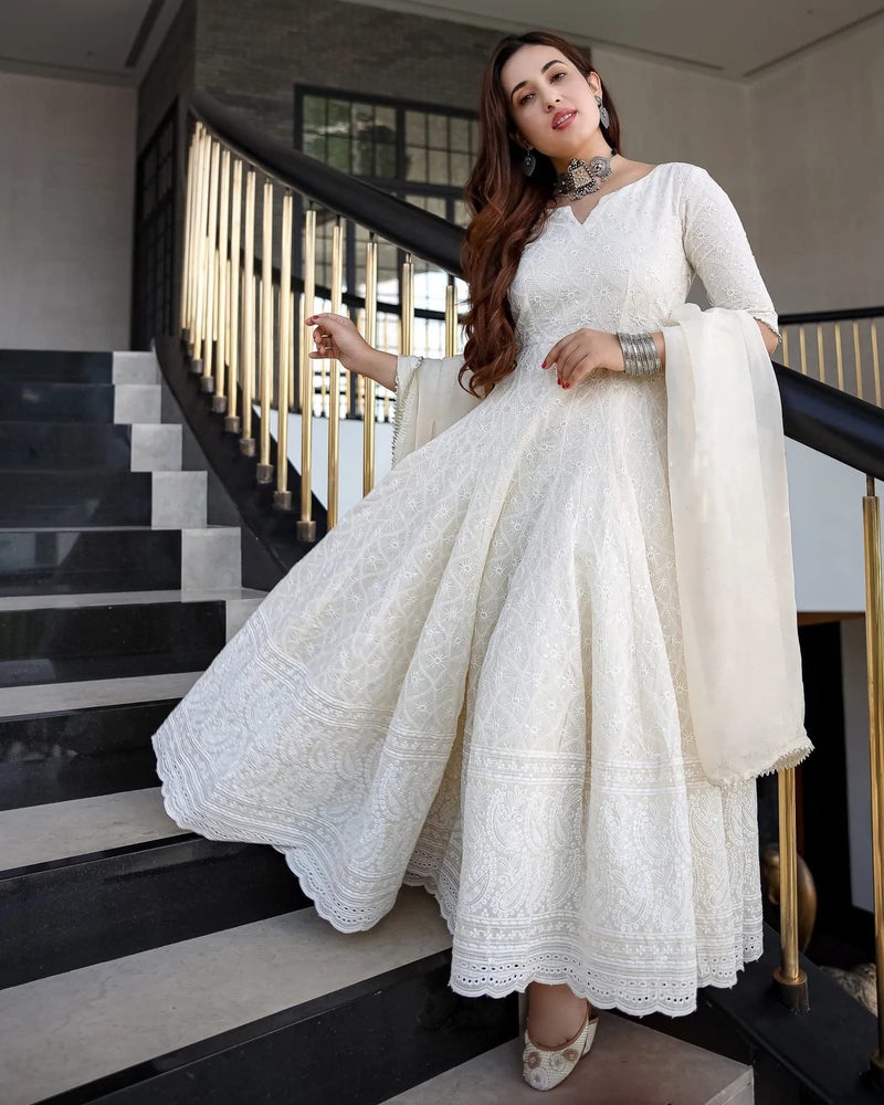 Royal Export Women's Paisley Embroidered Cotton Kurta Set | sharara Set for Women |Anarkali Chikankari Gown with Dupatta | Dresses for Girls,White - Image 5