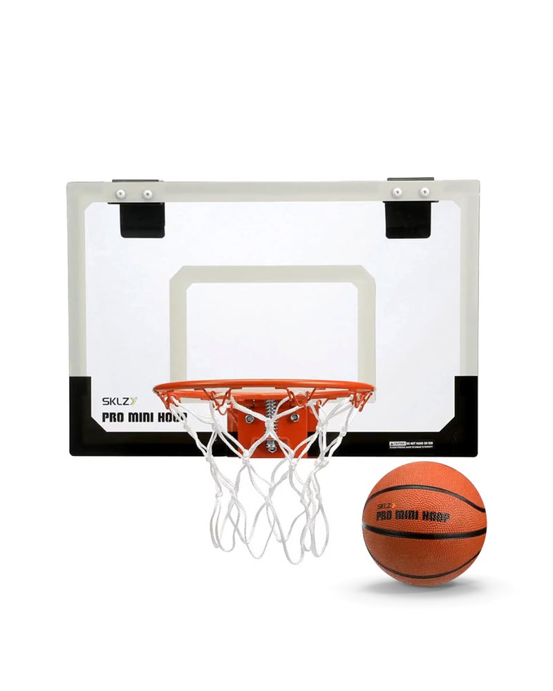 SKLZ حلقة كرة السلة المصغرة SKLZ برو - 18" × 12" لوحة خلفية شفافة، مقاومة للكسر، حافة قابلة للفصل، شبكة ثقيلة، وكرة 5" - سهلة التركيب مع وسادة، تركيبات فوق الباب - مناسبة للمكتب، السكن الجامعي، غرفة النوم - Image 1