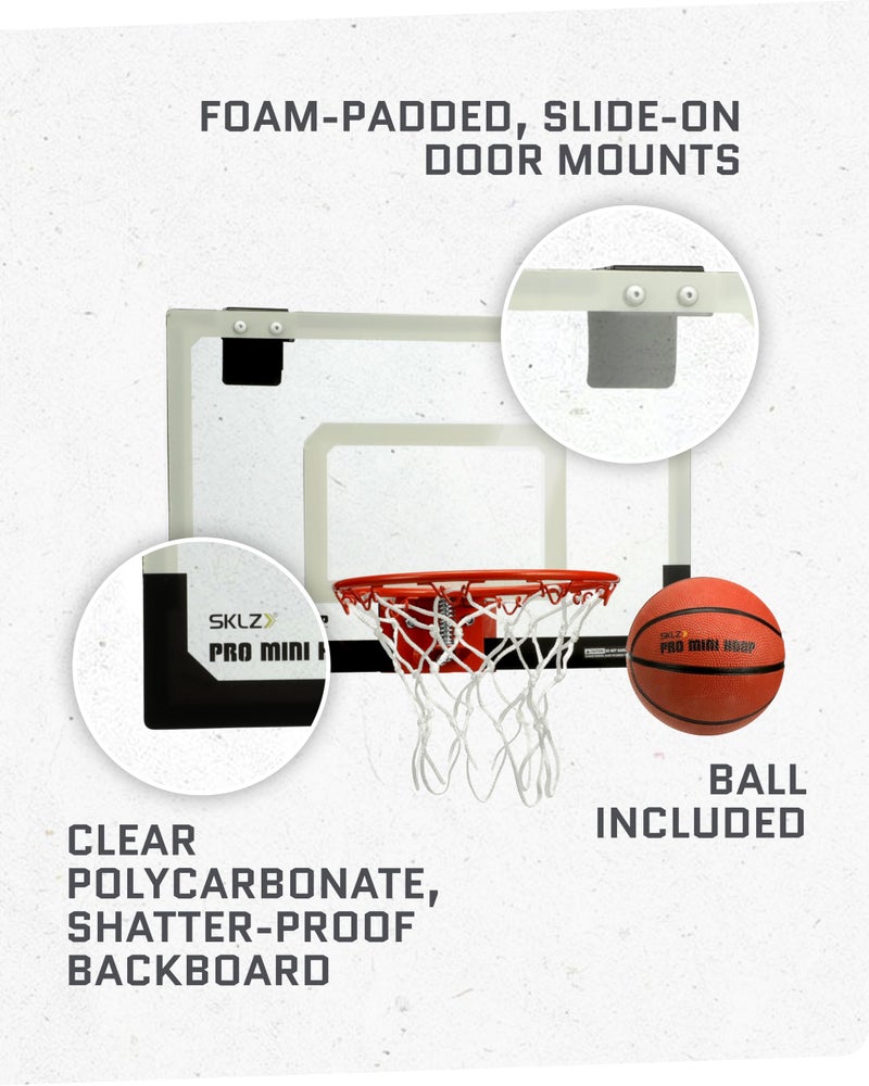 SKLZ حلقة كرة السلة المصغرة SKLZ برو - 18" × 12" لوحة خلفية شفافة، مقاومة للكسر، حافة قابلة للفصل، شبكة ثقيلة، وكرة 5" - سهلة التركيب مع وسادة، تركيبات فوق الباب - مناسبة للمكتب، السكن الجامعي، غرفة النوم - Image 5