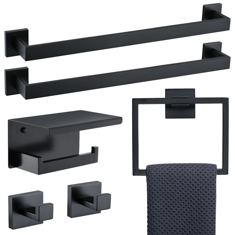 TNOMS 6Piece Black Bathroom Hardware Set 236 Inch Towel Bar Set Double Towel Bar Towel Ring Coat Hook and Toilet Paper Holder with Shelf Wall Mounted Stainless Steel Bathroom Accessories Set