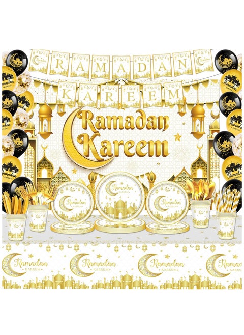 Ramadan Decorations, Ramadan Decorations for Home, 141 Pcs Party Supplies, Including Eid Banner Background, Tablecloth, Plates, Paper Cup, Knife,   Fork, Spoon, Straw, Balloons