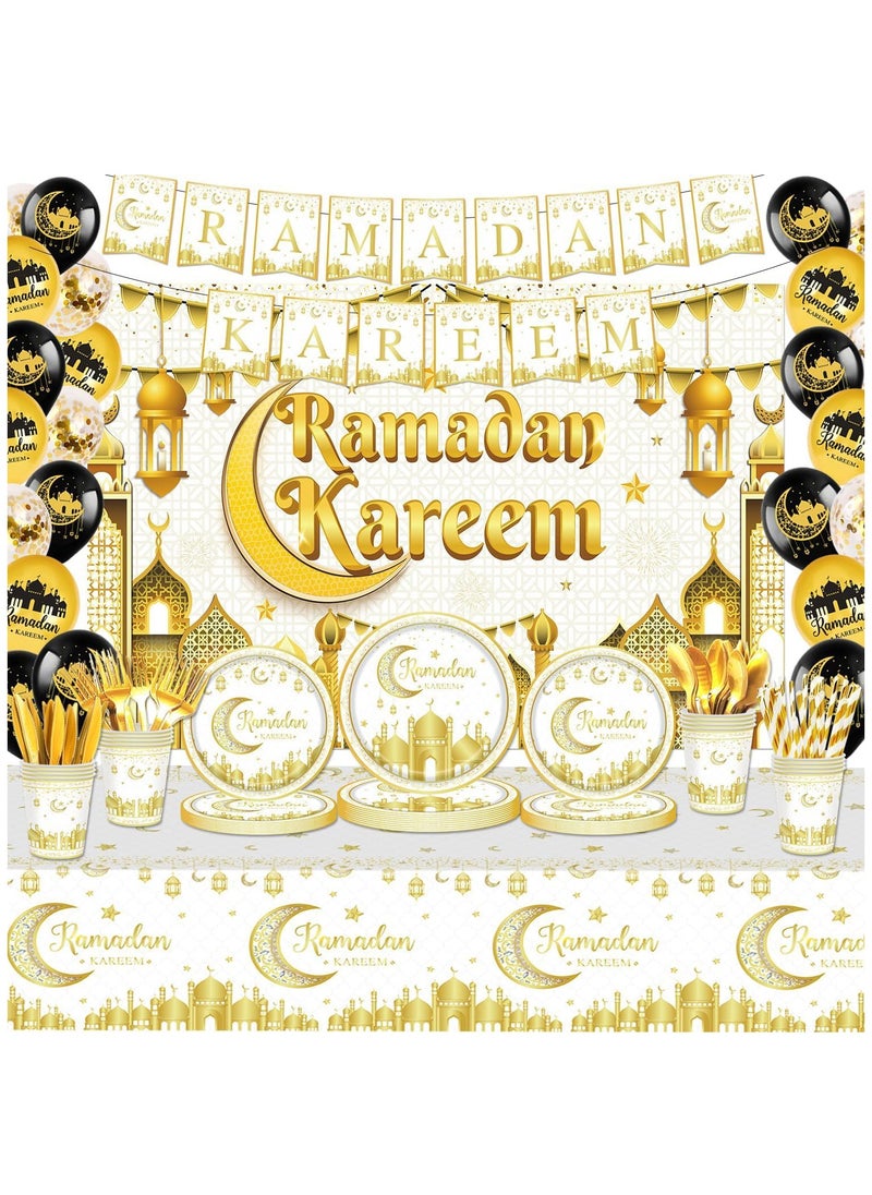 Yoawllty - Ramadan Decorations, Ramadan Decorations for Home, 141 Pcs Party Supplies, Including Eid Banner Background, Tablecloth, Plates, Paper Cup, Knife,   Fork, Spoon, Straw, Balloons - Image 1