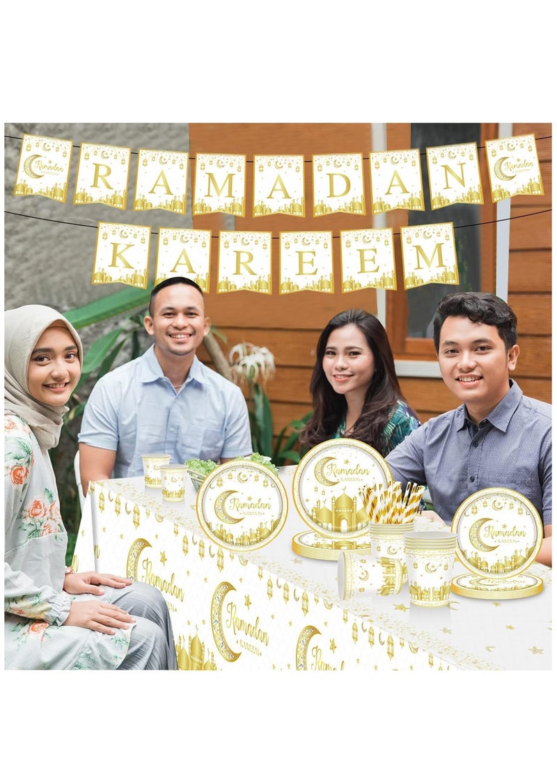 Yoawllty - Ramadan Decorations, Ramadan Decorations for Home, 141 Pcs Party Supplies, Including Eid Banner Background, Tablecloth, Plates, Paper Cup, Knife,   Fork, Spoon, Straw, Balloons - Image 1