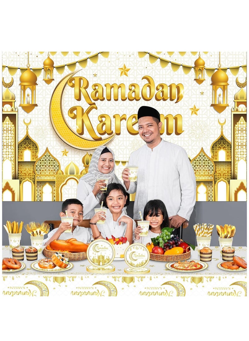 Yoawllty - Ramadan Decorations, Ramadan Decorations for Home, 141 Pcs Party Supplies, Including Eid Banner Background, Tablecloth, Plates, Paper Cup, Knife,   Fork, Spoon, Straw, Balloons - Image 1