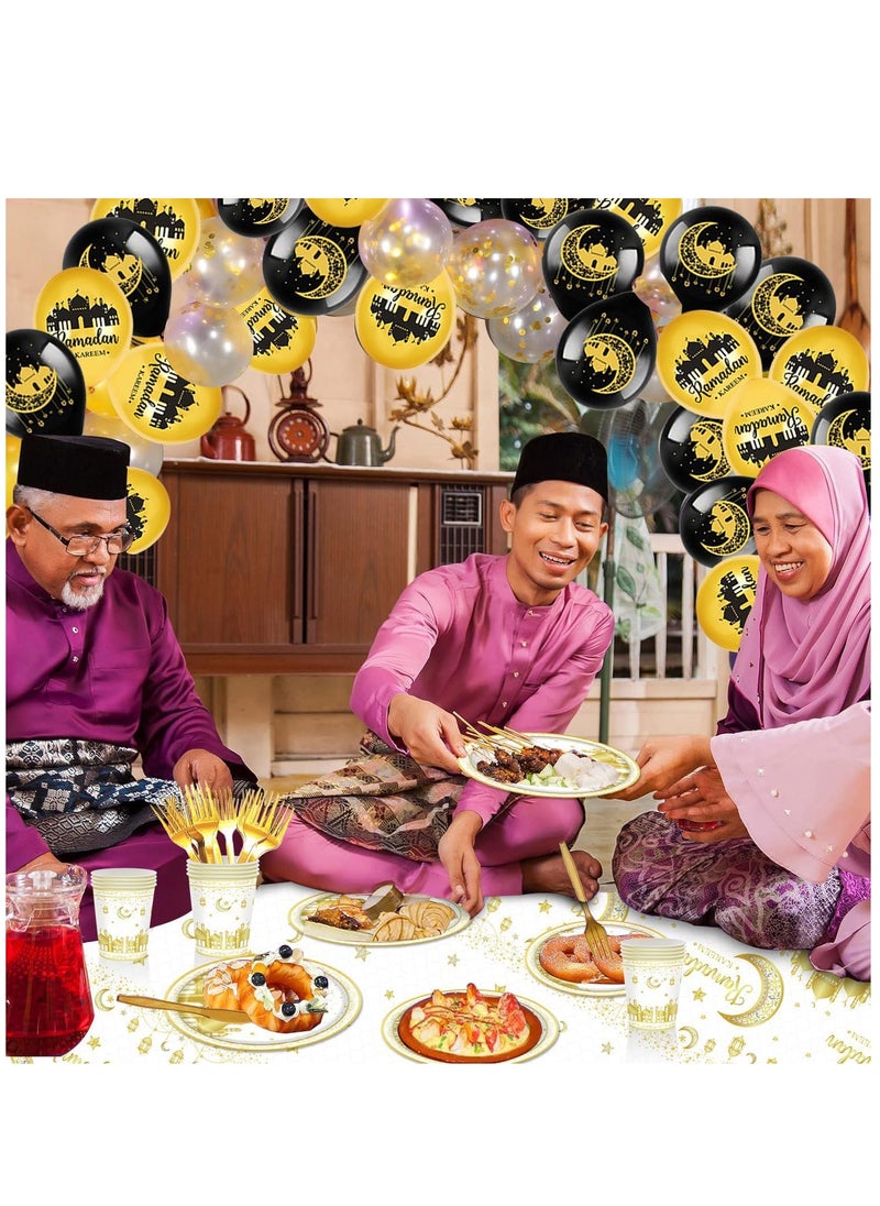 Yoawllty - Ramadan Decorations, Ramadan Decorations for Home, 141 Pcs Party Supplies, Including Eid Banner Background, Tablecloth, Plates, Paper Cup, Knife,   Fork, Spoon, Straw, Balloons - Image 1