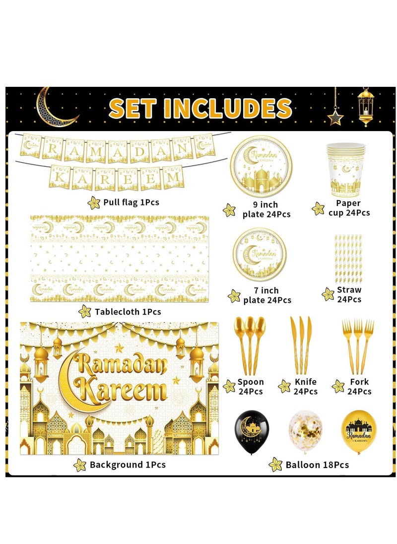 Yoawllty - Ramadan Decorations, Ramadan Decorations for Home, 141 Pcs Party Supplies, Including Eid Banner Background, Tablecloth, Plates, Paper Cup, Knife,   Fork, Spoon, Straw, Balloons - Image 1