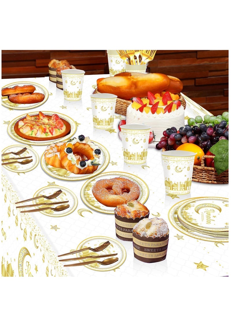 Yoawllty - Ramadan Decorations, Ramadan Decorations for Home, 141 Pcs Party Supplies, Including Eid Banner Background, Tablecloth, Plates, Paper Cup, Knife,   Fork, Spoon, Straw, Balloons - Image 1