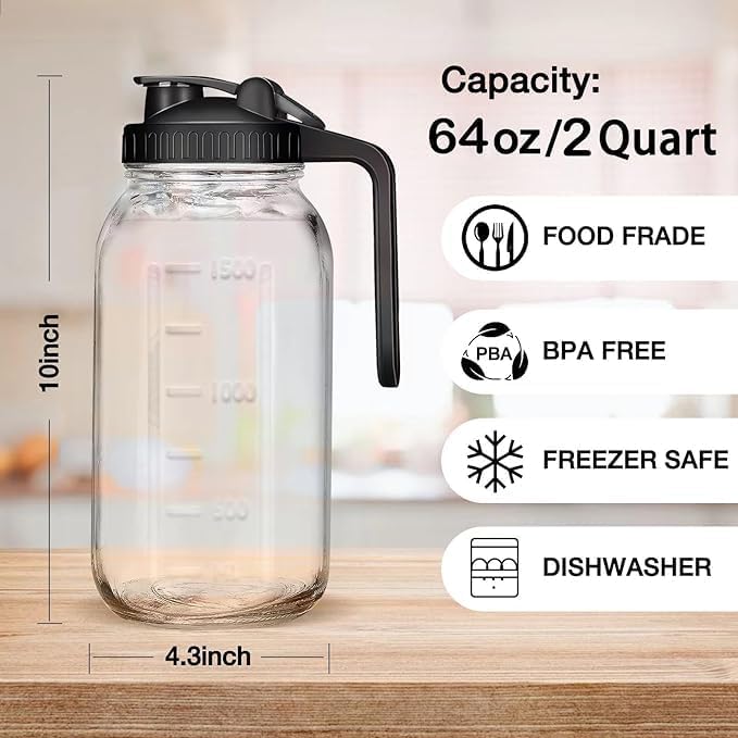 DIBOLASC Glass Pitcher - 64 OZ Mason Jar Glass Jug Breast milk Containers, Wide Mouth，Airtight & Leakproof Pitcher with Pour Spout Lids for Water, Juice, Milk, Tea, Iced Coffee - Image 2
