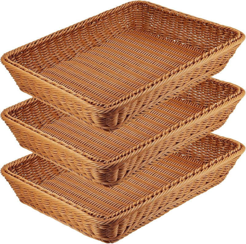 MANCHAP 3 PCS 16 Inch Poly Wicker Bread Baskets Handmade Rattan Woven Pantry Organizer Tabletop Food Serving Baskets Rectangle Storage Basket for Home Restaurant Hotel Brown - Image 1