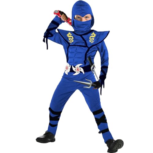 SATKULL Blue Ninja Costume for Kids Ninja Deluxe Costumes Set with Ninjas Accessories for Boy Dress Up(Kids-L-8/9T) - Image 4