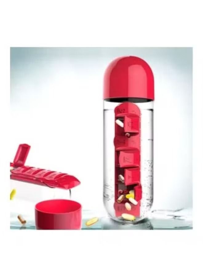 2 In 1 Sport Water Bottle With 7 Grids Daily Pill Box Organizer Traveling Medicine Organizer Drinking Bottle Pink 600ml - Image 1