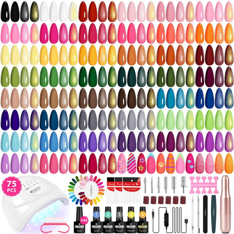 VANREESA Gel Nail Polish Kit with U V Light and Nail Drill Kit 75 Pcs Gel Polish Nail Set 45 All Season Colors Nail Polish Set Base Coat & 4 Effects Top Coat Complete Nail Kit Gifts for Women - Image 1