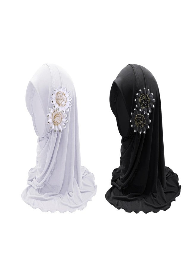 PURFUN 2Pcs Lovely Floral Hijab for Little Girls, Soft One Piece Muslim Scarf Turban Islamic Arab Instant Hijab for 2-6 Yrs, 2 Flowers/Black+white, 2-6 Yrs - Image 1