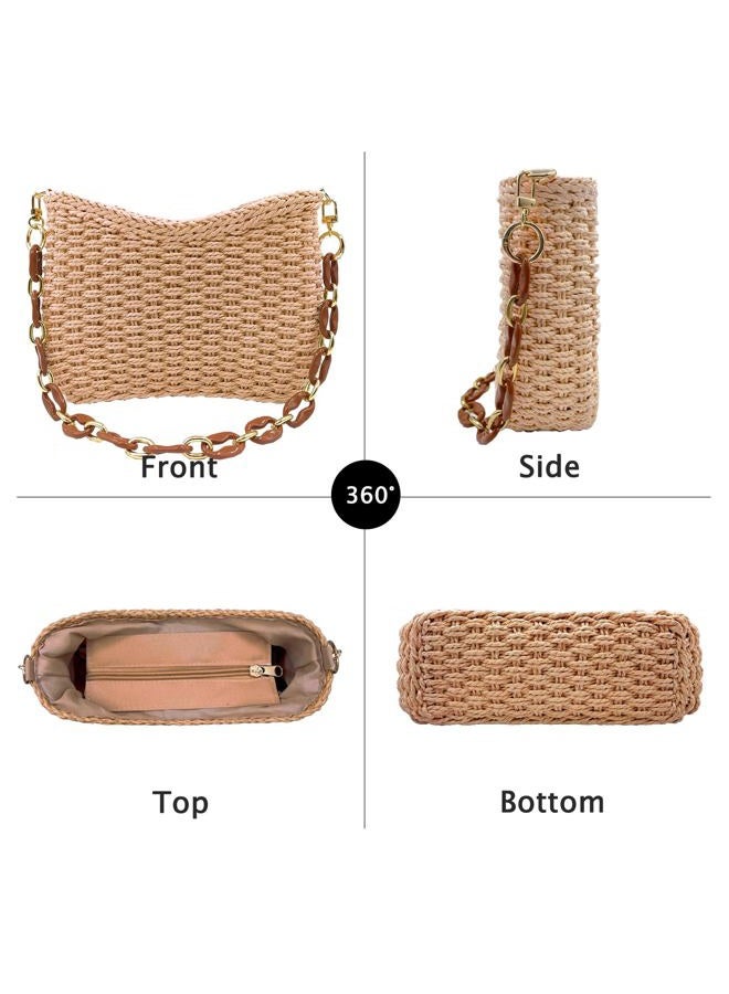 Beurlike Small Straw Handbags for Women Crossbody Pocketbooks Woven Shoulder Purses Beach Tote Bag for Summer Vacation with Chain, Kahki, Small - Image 5
