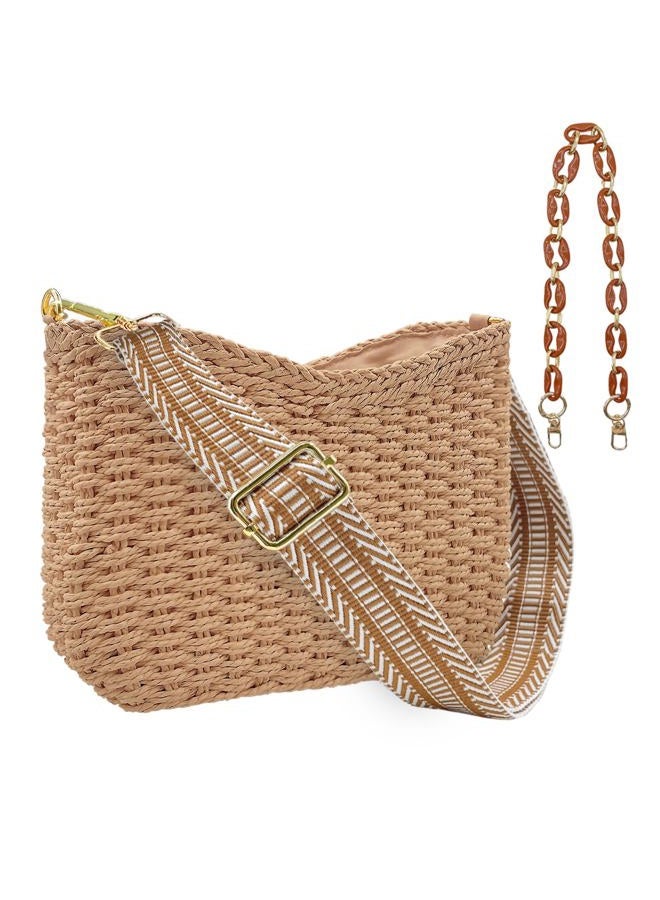Beurlike Small Straw Handbags for Women Crossbody Pocketbooks Woven Shoulder Purses Beach Tote Bag for Summer Vacation with Chain, Kahki, Small - Image 1