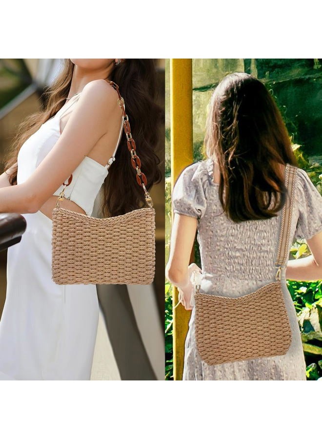Beurlike Small Straw Handbags for Women Crossbody Pocketbooks Woven Shoulder Purses Beach Tote Bag for Summer Vacation with Chain, Kahki, Small - Image 2