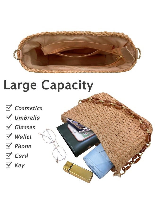 Beurlike Small Straw Handbags for Women Crossbody Pocketbooks Woven Shoulder Purses Beach Tote Bag for Summer Vacation with Chain, Kahki, Small - Image 3