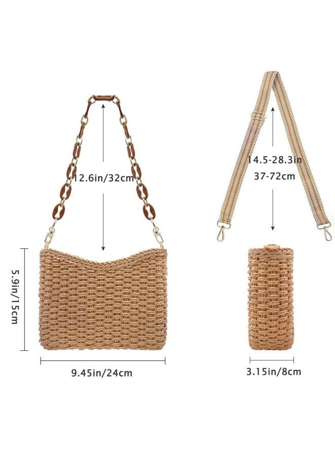 Beurlike Small Straw Handbags for Women Crossbody Pocketbooks Woven Shoulder Purses Beach Tote Bag for Summer Vacation with Chain, Kahki, Small - Image 4