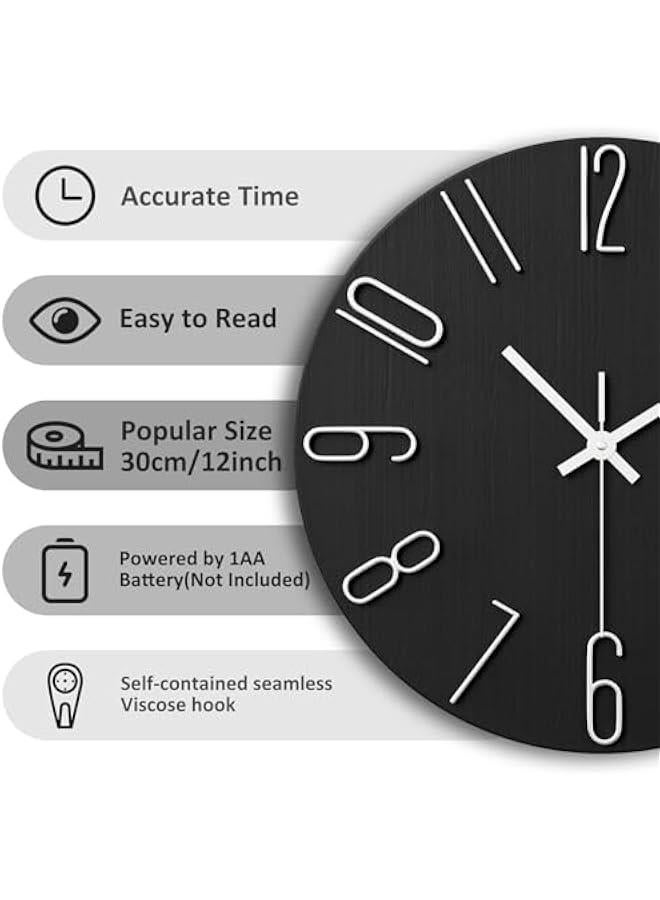 Wall Clock, 12 Inch Silent Non Ticking Battery Operated Modern Wall Clocks, Wooden Clock for Bedrrom, Kitchen, Living Room, School Office Home Decor (Black) - Image 2