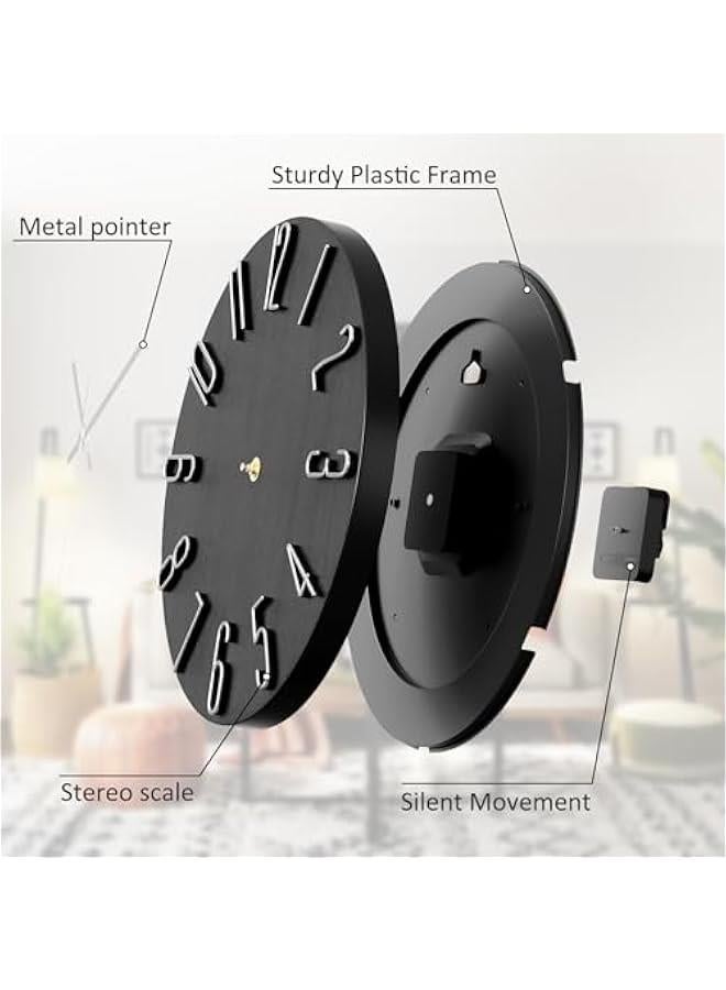 Wall Clock, 12 Inch Silent Non Ticking Battery Operated Modern Wall Clocks, Wooden Clock for Bedrrom, Kitchen, Living Room, School Office Home Decor (Black) - Image 3