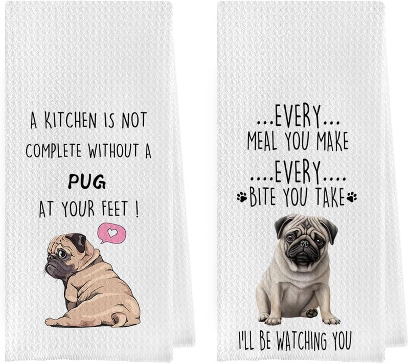 Geqtt Funny Pug Dish Towels Set - Pug Waffle Weave Kitchen Towels, Pug Decorative Hand Tea Towels for Bathroom Kitchen, Pug Gifts for Pug Lovers (16×24 Inches Set of 2) - Image 1