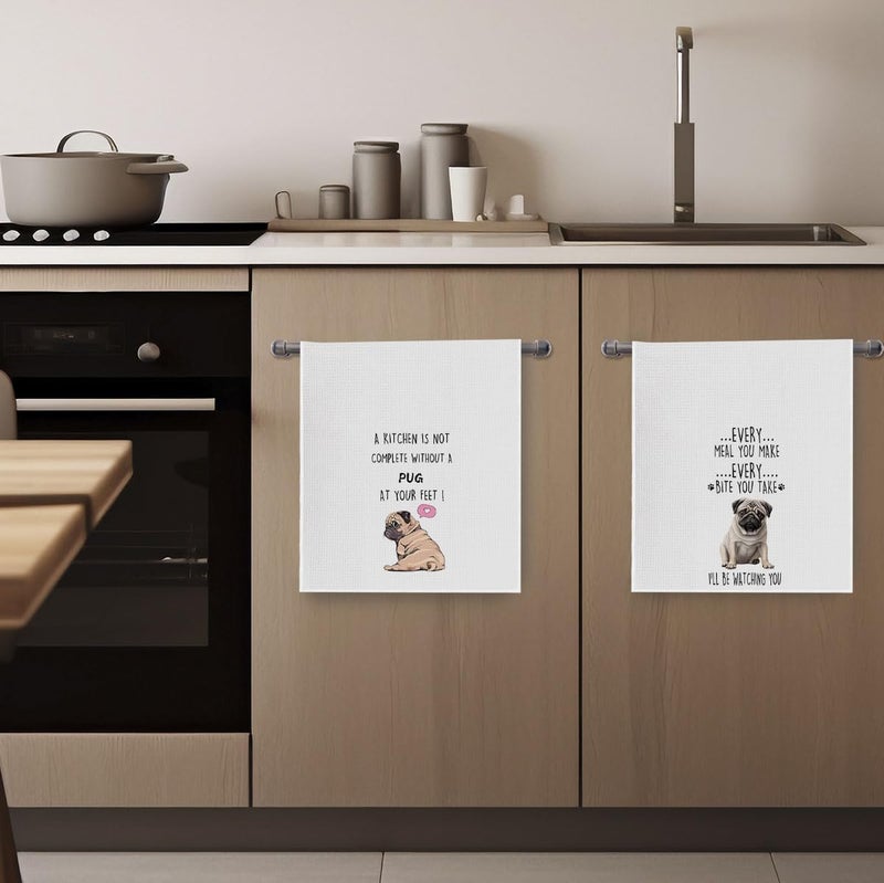 Geqtt Funny Pug Dish Towels Set - Pug Waffle Weave Kitchen Towels, Pug Decorative Hand Tea Towels for Bathroom Kitchen, Pug Gifts for Pug Lovers (16×24 Inches Set of 2) - Image 4