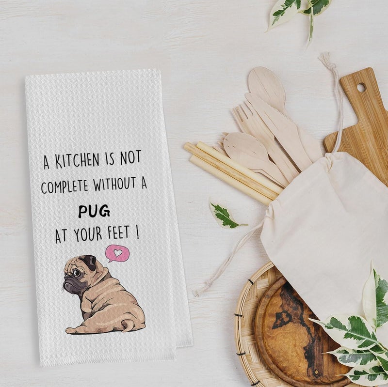 Geqtt Funny Pug Dish Towels Set - Pug Waffle Weave Kitchen Towels, Pug Decorative Hand Tea Towels for Bathroom Kitchen, Pug Gifts for Pug Lovers (16×24 Inches Set of 2) - Image 2