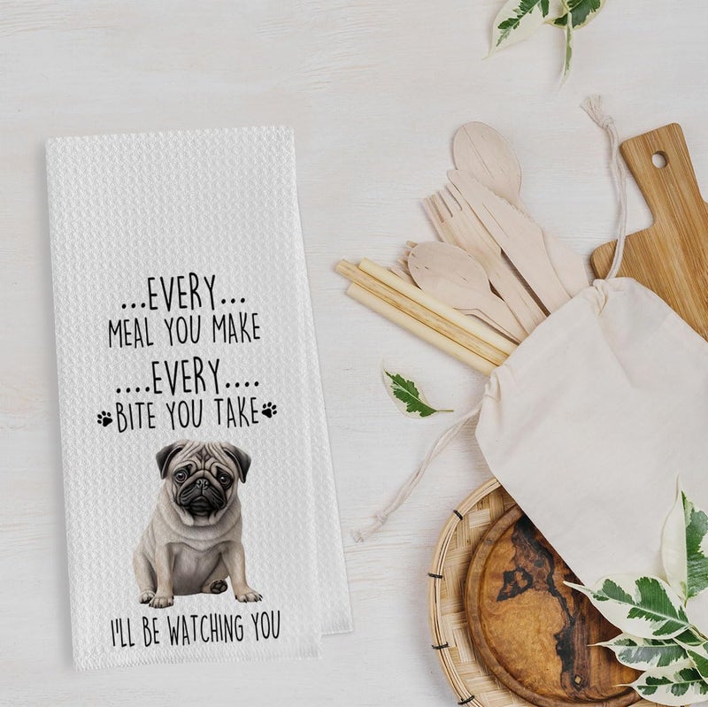 Geqtt Funny Pug Dish Towels Set - Pug Waffle Weave Kitchen Towels, Pug Decorative Hand Tea Towels for Bathroom Kitchen, Pug Gifts for Pug Lovers (16×24 Inches Set of 2) - Image 3