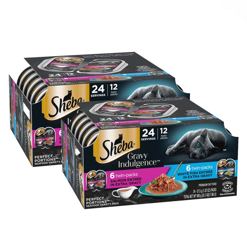 Sheba Gravy Indulgence Adult Wet Cat Food Salmon Entree in Extra Gravy and White Fish Entree Variety Pack, 2.6 oz. Twin-Pack Trays, (12 Count, 24 Servings) (Pack of 2) - Image 1